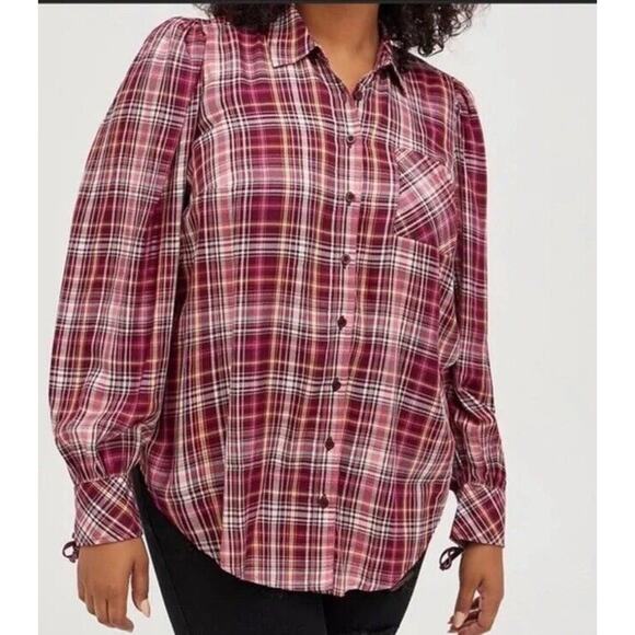 Torrid Puff Sleeve Shirt Twill Plaid Red Size 4 4X Western Cottagecore - Picture 1 of 10